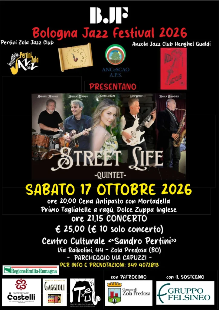 Volantino: Bologna Jazz Festival 2026 – Street Life Quintet, 17 ottobre