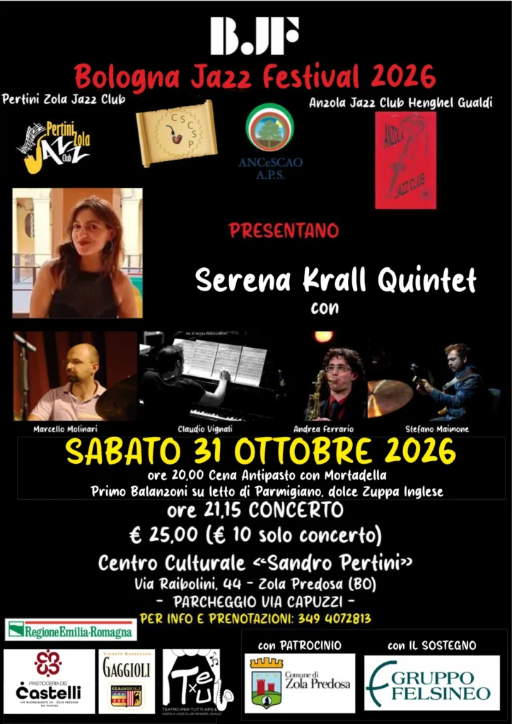 Volantino: Bologna Jazz Festival 2026 – Serena Krall Quintet, 31 ottobre